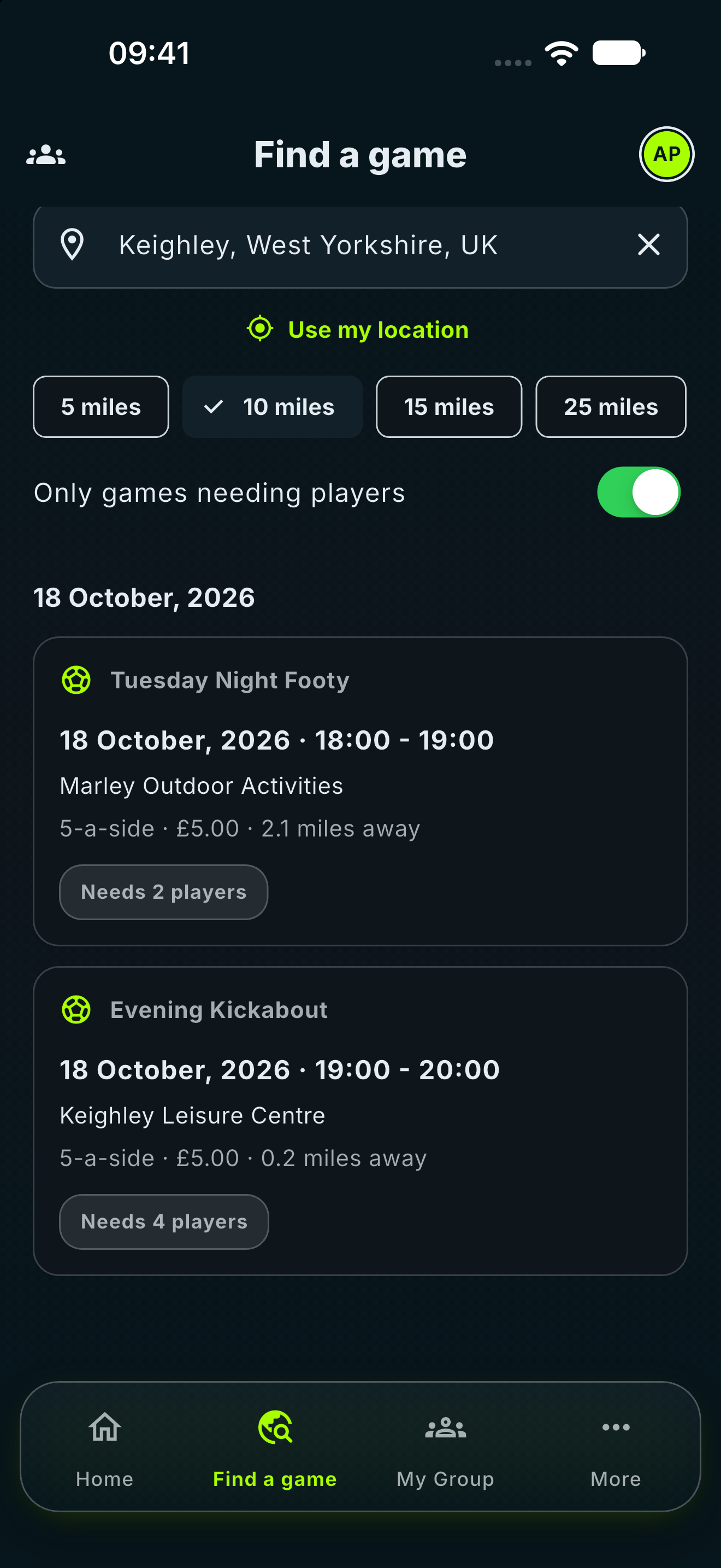 Who’s Game’s Find a game screen showing nearby football games in Keighley, available places, venues and prices.